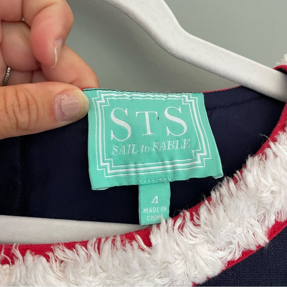 Sail to Sable 100% Linen Navy Blue Red White Fringe Trim Mini Shift Dress 4 - Picture 10 of 13